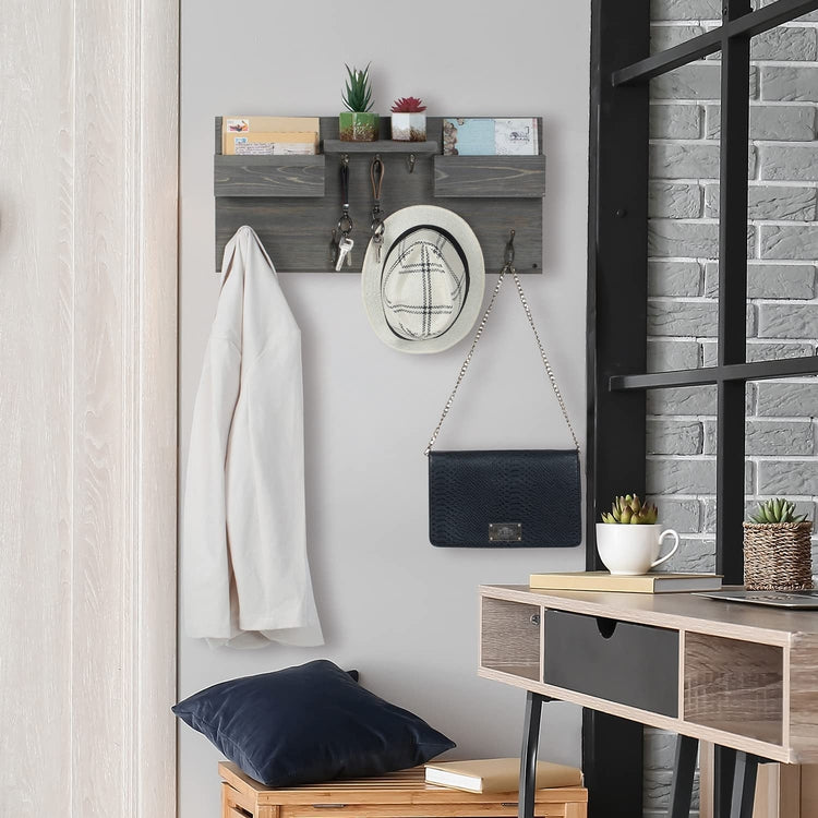 Gray Wood Wall Mounted Entryway Organizer Rack with Antique Coat Hangers, Key Hooks, Display Shelf and Mail Sorter Bins-MyGift
