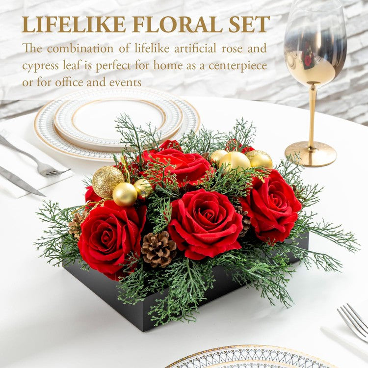 Tabletop Centerpiece Christmas Decoration, Artificial Red Rose Flowers, Cedar Picks, and Gold Tone Ornaments-MyGift
