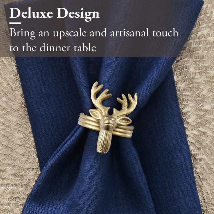 Set of 4, Deer Head Napkin Rings, Brass Tone Cast Aluminum Napkin Holders with Deer Design, Elk Cloth Serviette Holders-MyGift