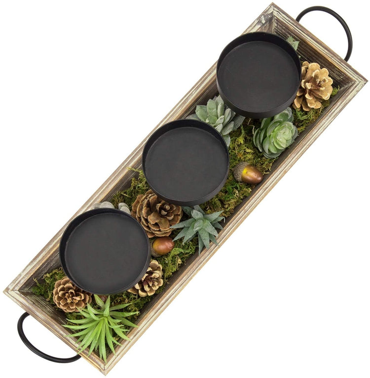 3 Metal Candle Holders with Torched Wood Tray and Artificial Succulent, Pine Cone Decorations-MyGift