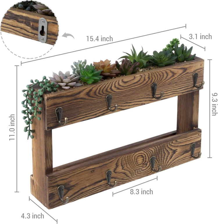 Wall Mounted 8-Hook Brown Wood Coffee Mug and Tea Cup Rack, Mug Hooks with Artificial Assorted Succulent Plants-MyGift