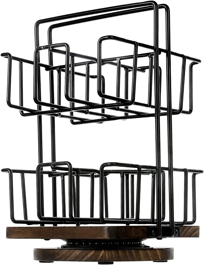 8 Compartment Matte Black Metal Wire Tea Bag Holder with Rotating Burnt Wood Lazy Susan Base-MyGift