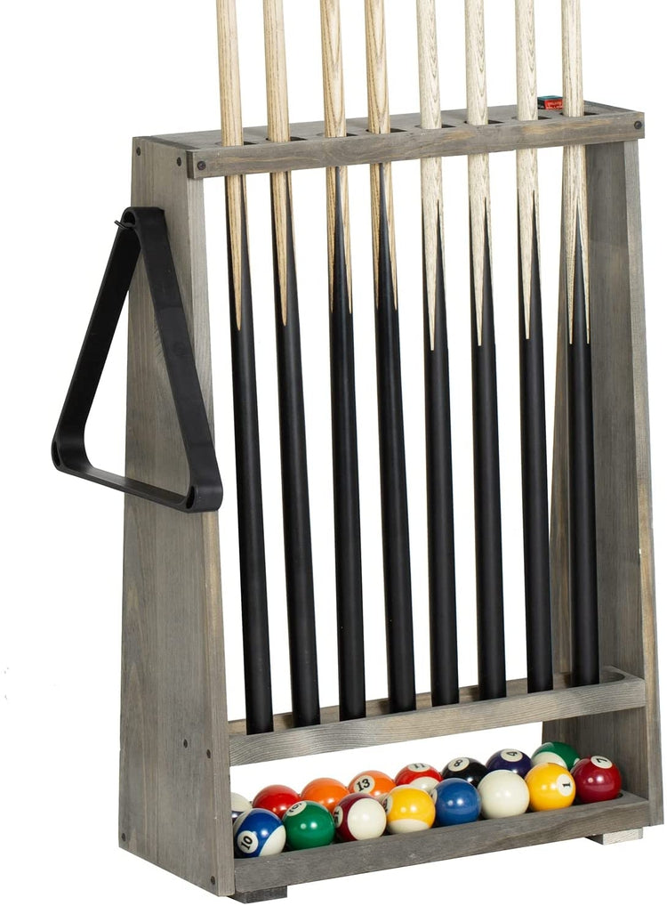Freestanding Billiards Storage Rack, Gray Wood Floor Standing Pool Cue Holder, Ball Storage, Triangle Rack Hanging Hook-MyGift