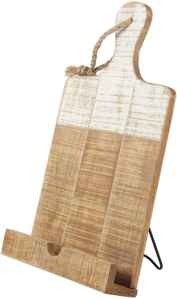 Cutting Board Shaped Cookbook Stand, Distressed Whitewashed Burnt Wood Recipe Book Holder, Countertop Tablet Easel Stand-MyGift