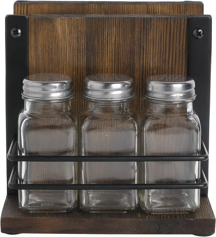 Wood Napkin Holder with 3 Salt and Pepper Shaker Set, Napkin and Spice Bottle Caddy, Farmhouse Serving Table Caddy-MyGift