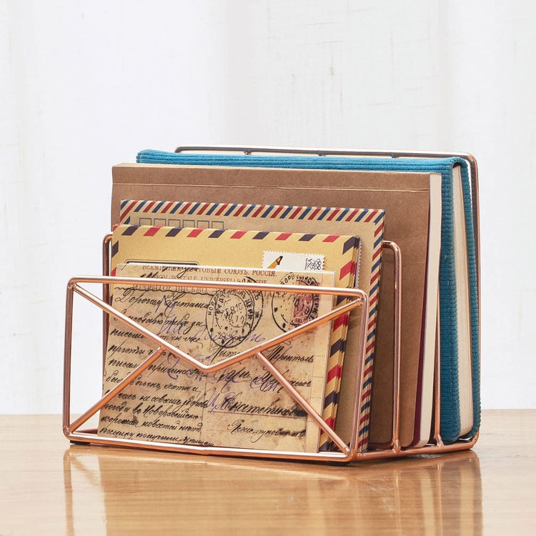 3 Slot Modern Copper Metal Wire Envelope Design Desktop Mail Sorter, Letter Holder Desk Organizer-MyGift