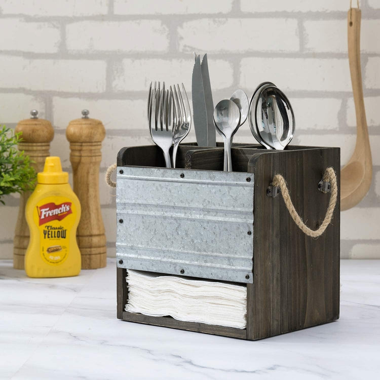 Dark Gray Rustic Wood & Galvanized Metal Dining Utensils Holder Caddy w/ Napkin Slot-MyGift