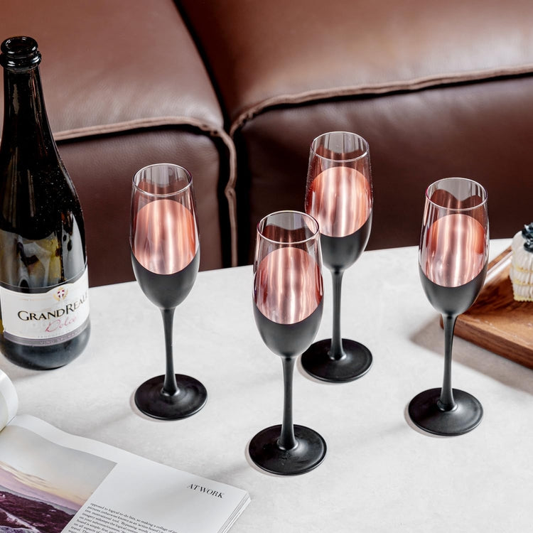 Set of 4, 8oz Stemmed Champagne Flutes with Angled Matte Black and Copper Plated Accent, Sparkling Wine Stemware-MyGift