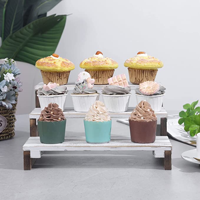 Tabletop Storage Shelving, 3 Tier Cupcake Stand Slated Whitewashed Wood Platforms with Burnt Wood Base-MyGift