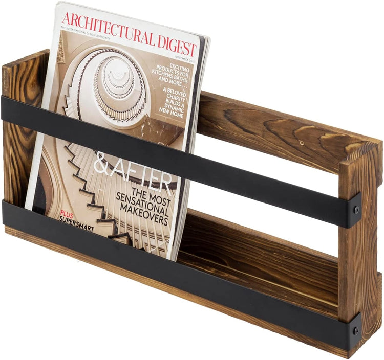 Burnt Wood and Industrial Matte Black Metal Magazine Display Rack, Wall Mountable Book Holder or Standing Organizer-MyGift