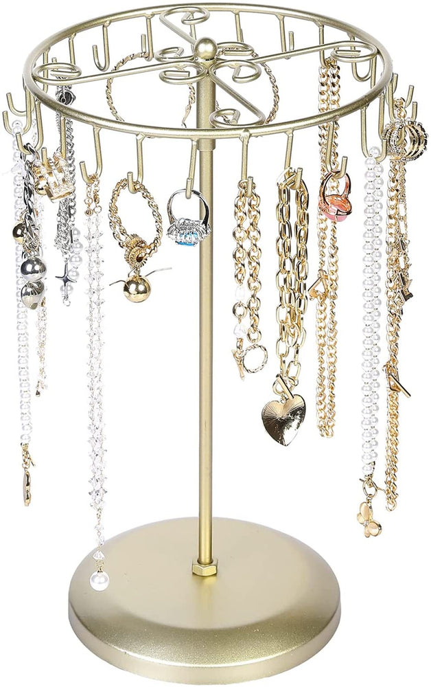13-Inch Brass Metal Rotating Necklace Holder Organizer, Bracelet Holder Jewelry Tree Stand with 24 Hooks-MyGift
