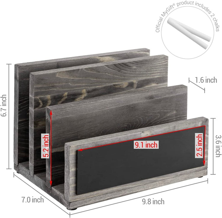 3 Slot Mail Sorter, Gray Wood Letter Organizer, Document Desk Filing Folder Storage Holder with Chalkboard Label-MyGift