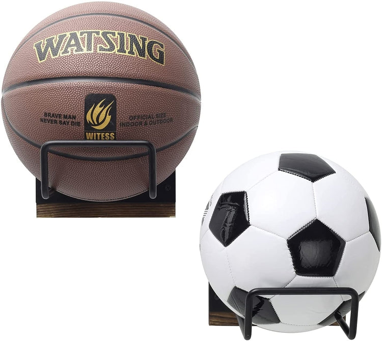 Set of 2, Black Metal and Burnt Wood Wall Mounted Sports and Exercise Ball Storage Rack-MyGift