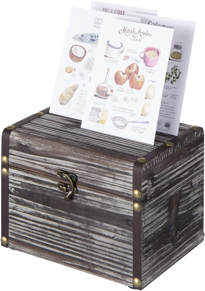 Torched Wood Recipe Card Holder, Recipe Organizer Box with Leatherette and Brass Accents-MyGift