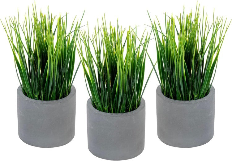 Tabletop Artificial Grass Potted Plants, Round Gray Concrete Planter Pots, Set of 3-MyGift