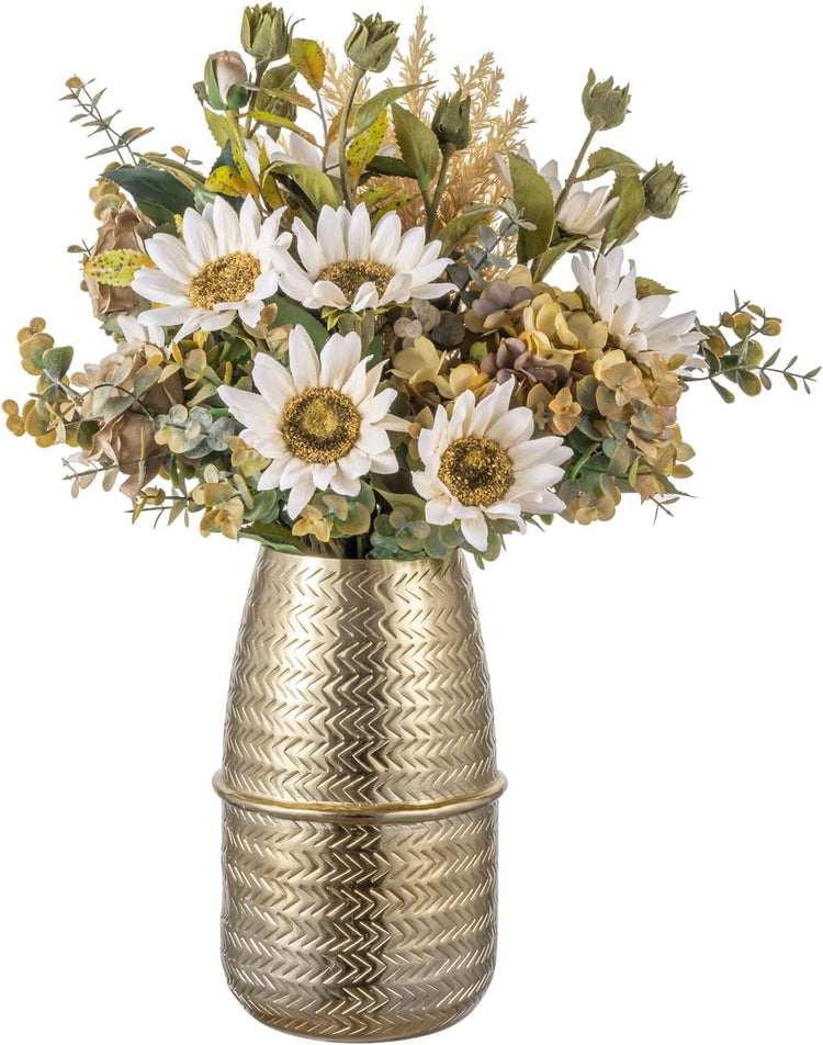 10 Inch Tall Brass Tone Aluminum Metal Flower Vase with Arrow Engraved Woven Pattern, Tabletop Centerpiece Décor-MyGift