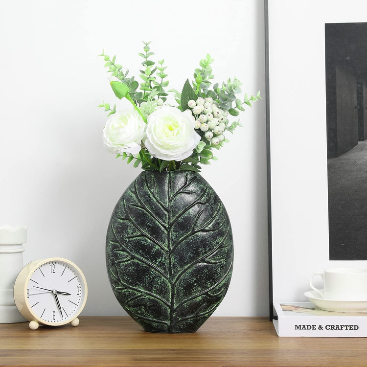 Decorative Flower Vase, Handcrafted Green Aluminum 10 Inch Tall Vase with Intricate Embossed Leaf Design-MyGift