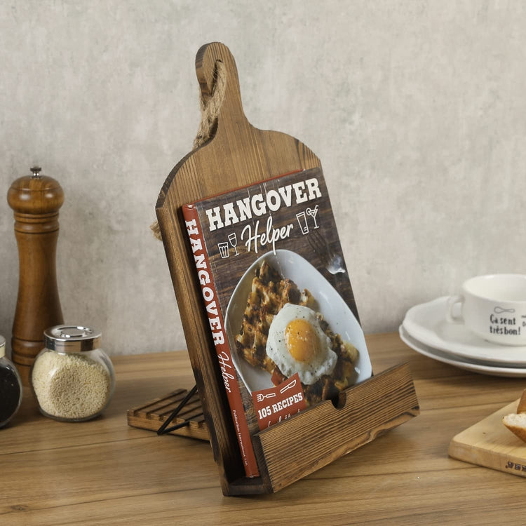 Cutting Board Shaped Cookbook Stand, Burnt Wood Recipe Book Holder with Rope Handle-MyGift
