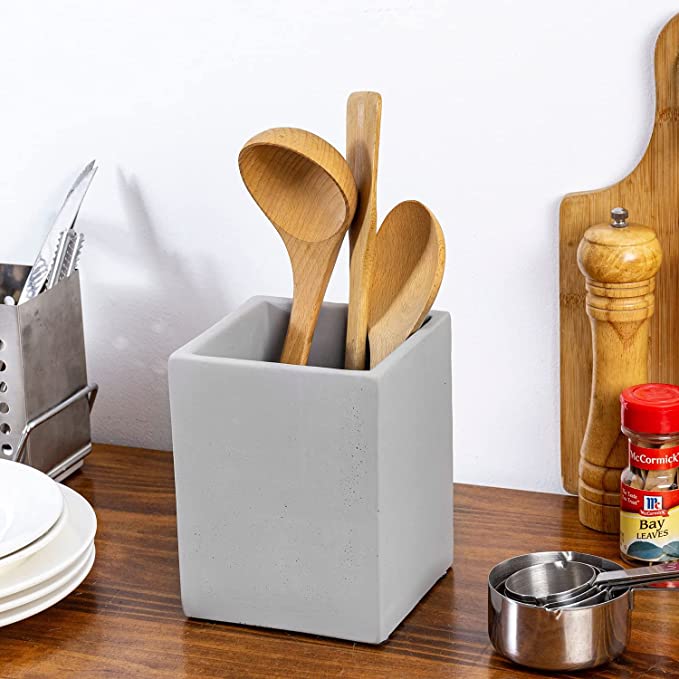 Kitchen Utensil Holder, Rectangular Concrete Kitchen Tools Storage Container Crock-MyGift