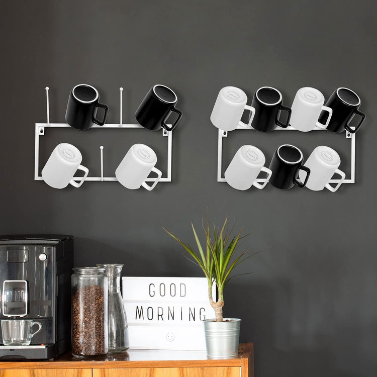 Set of 3, White Metal Coffee Mug Rack Wall Mounted Hanging Storage Coffee Bar Accessories Rack with 21 Hooks-MyGift