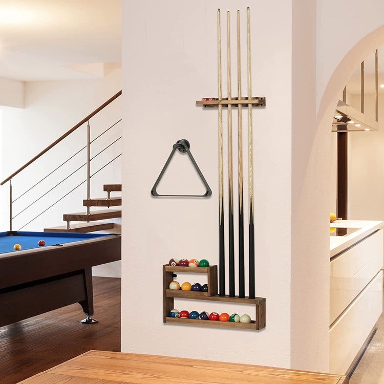 Pool Cue Rack Set, Burnt Wood Billiards Cue Stand Wall Mount Holder, Ball Storage with Pipe Triangle Rack Hanging Hook-MyGift