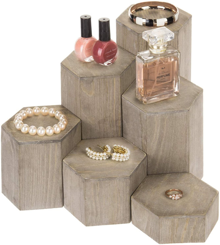 Set of 6, Brown Wood Hexagonal Jewelry Display Stand Riser-MyGift