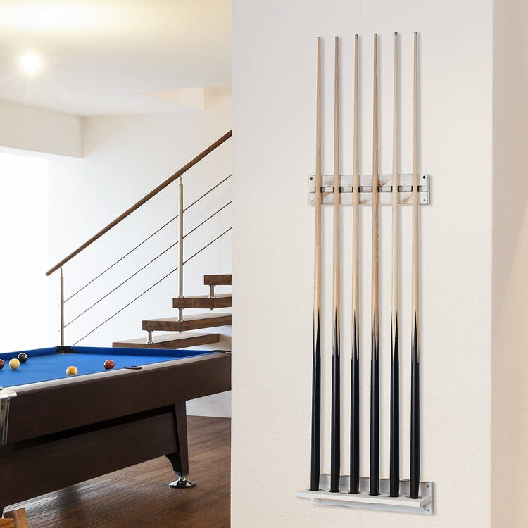 6 Sticks Vintage Whitewashed Wood Billiards Pool Cue Wall Mount Rack with Clips-MyGift