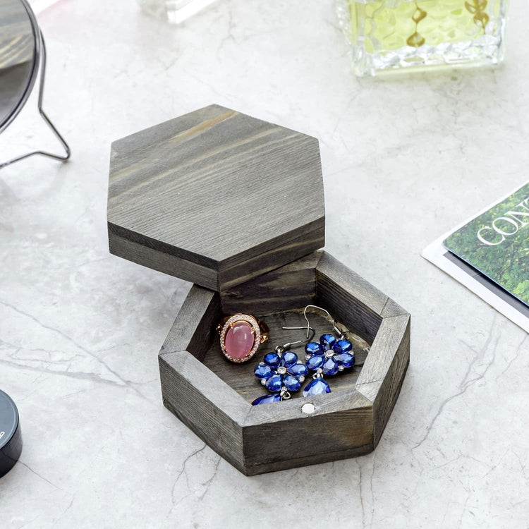 3-Inch Hexagonal Gray Wood Ring and Trinket Box for Wedding Ceremony, Small Trinket Jewelry Box-MyGift