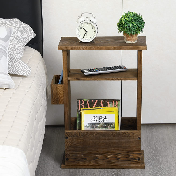 Burnt Wood End Table with Magazine Holder, Storage Display Shelf and R
