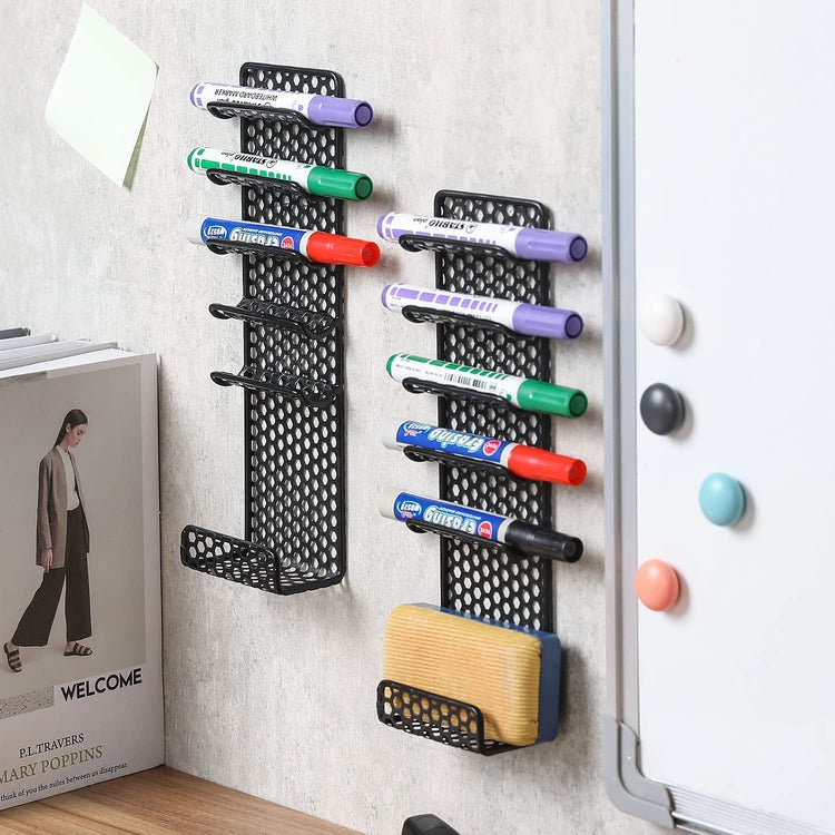 Black Metal Wall Mounted Dry Erase Marker and Whiteboard Eraser Holders, Honeycomb Hexagonal Perforated Design-MyGift