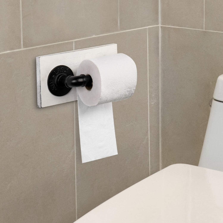 White Wood and Industrial Pipe Wall Mounted Toilet Paper Roll Holder Dispenser-MyGift