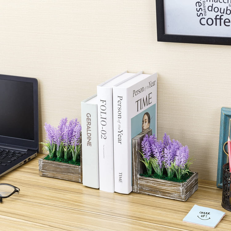 Decorative Bookends, Book Holder, Torched Wood Bookend with Artificial Lavender in Planter Boxes, Desktop Book Stands-MyGift