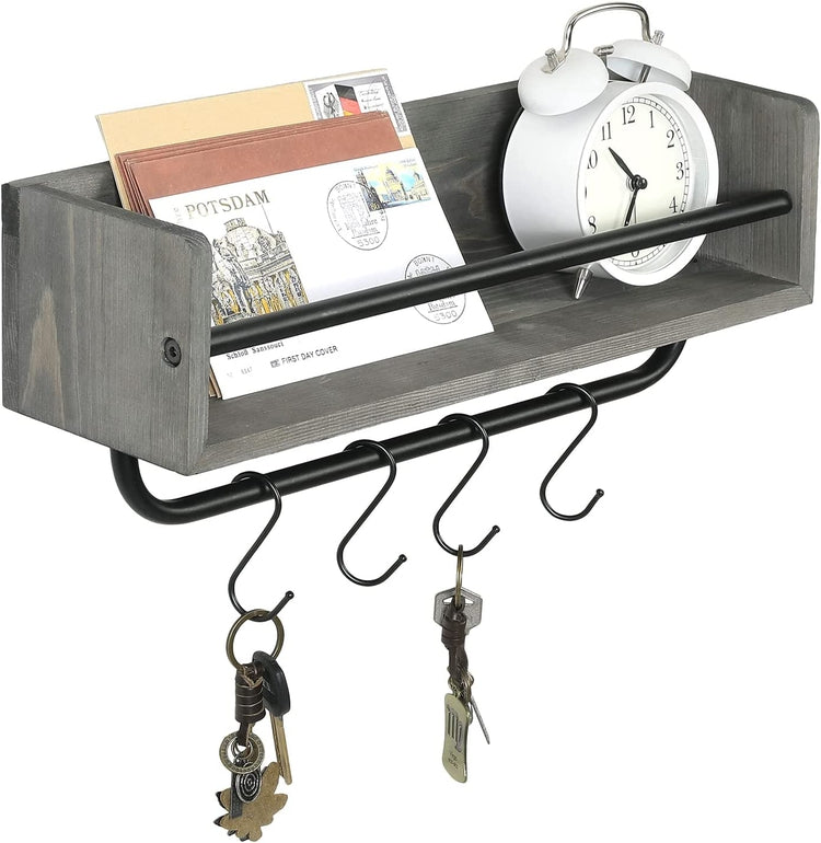 Gray Wood Wall Mounted Floating Display Shelf with Black Metal Hanger Holder Bar with 4 Utility Hooks-MyGift