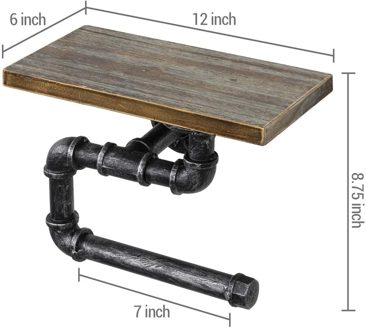 12 x 6 Inch Industrial Wall-Mounted Pipe Toilet Paper Roll Holder with Rustic Wood Shelf-MyGift