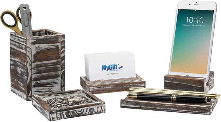 Torched Wood 5-Piece Desk Accessories Set with Pen Tray, Pencil Cup, Memo Pad, Card Holders, and Cell Phone Stand-MyGift