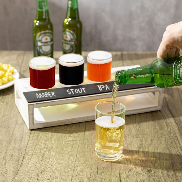 Whitewashed Solid Wood Beer Flight Holder Sampler Tasting Tray Serving Set with 4 Glasses and Erasable Chalkboard Label-MyGift