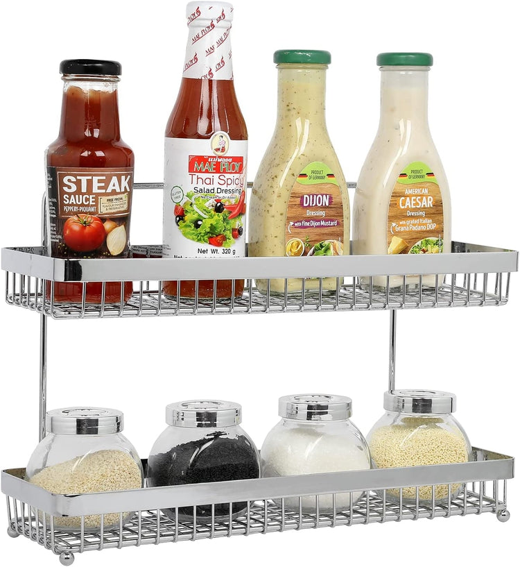Countertop or Wall Mountable 2-Tier Silver Tone Metal Frame Spice Jar Storage Rack with Wire Mesh Basket Style Shelves-MyGift