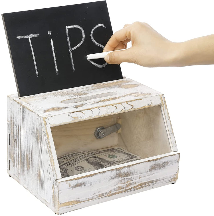 Tips Box With Key Whitewashed Wood Collection Donation Tip Box with Lock, Suggestion Com ...