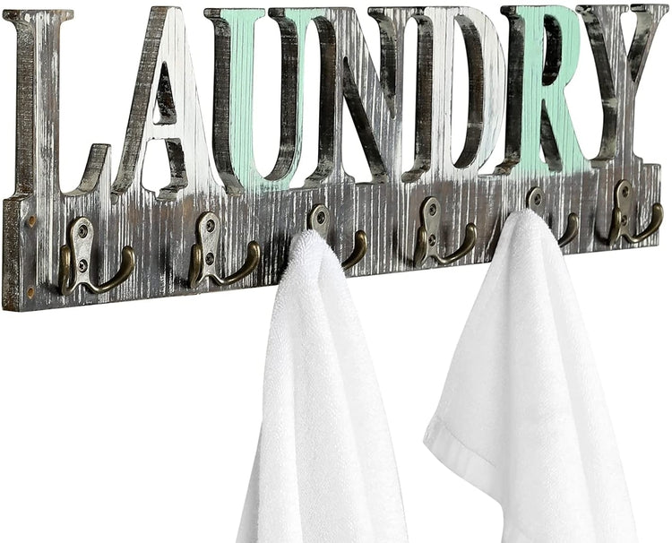 Torched Wood 6 Dual-Hook Laundry Room Wall Mounted Towel Rack, Garment Hanger with Multicolored LAUNDRY Letters-MyGift
