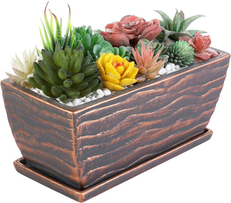 12 Inch Copper Ceramic Succulent Plant Pot, Drainage and Embossed Design, Window Box Planter with Removable Saucer Tray-MyGift