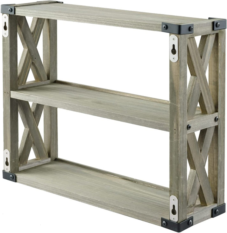 Wall Mounted Kitchen Open Shelving, 3 Tier X-Cross Gray Brown Wood Floating Shelves with Black Metal Corner Wraps-MyGift