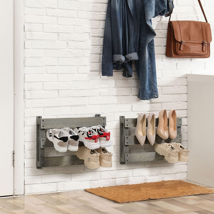 Set of 2, Gray Wood Wall Mounted Slat Design Shoe Storage Rack, Entryway Footwear Organizer Holder-MyGift