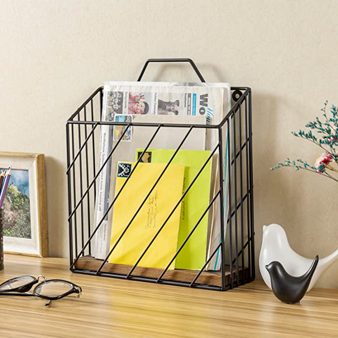 Black Metal Document Holder Storage Basket, Magazine Rack with Rustic Burnt Wood Base-MyGift