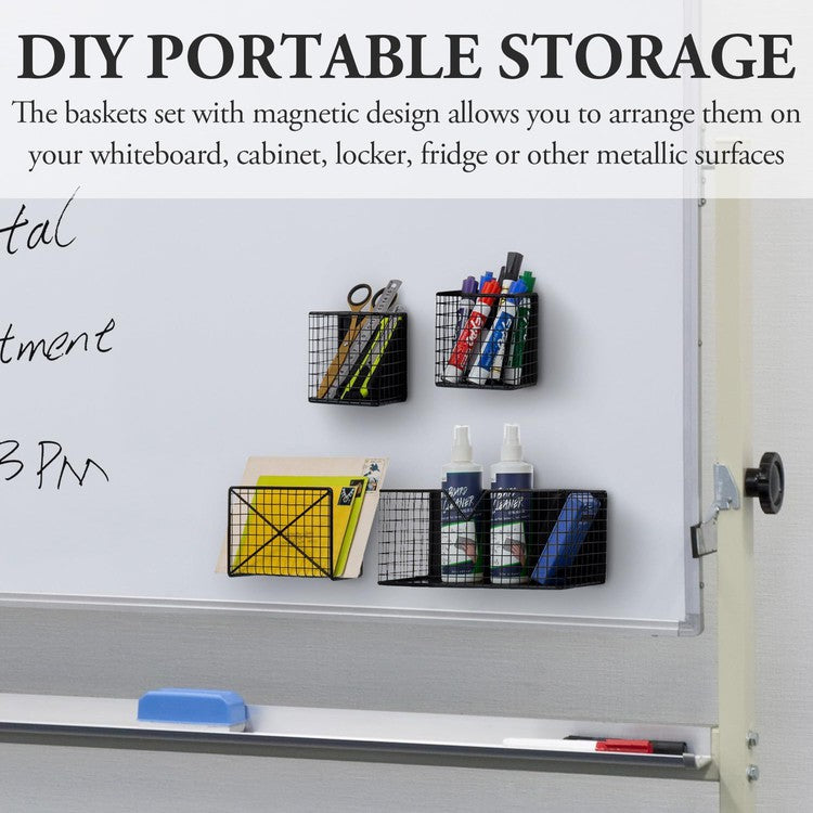 Industrial Matte Black Metal Wire Mesh Magnetic Baskets with Mail Sorter, File Storage Organizer, and Pen Holders-MyGift