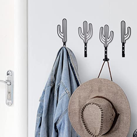 Saguaro Cactus Shaped Black Metal Wall Coat Hooks, Southwest Style Hanging Hooks, Set of 4-MyGift