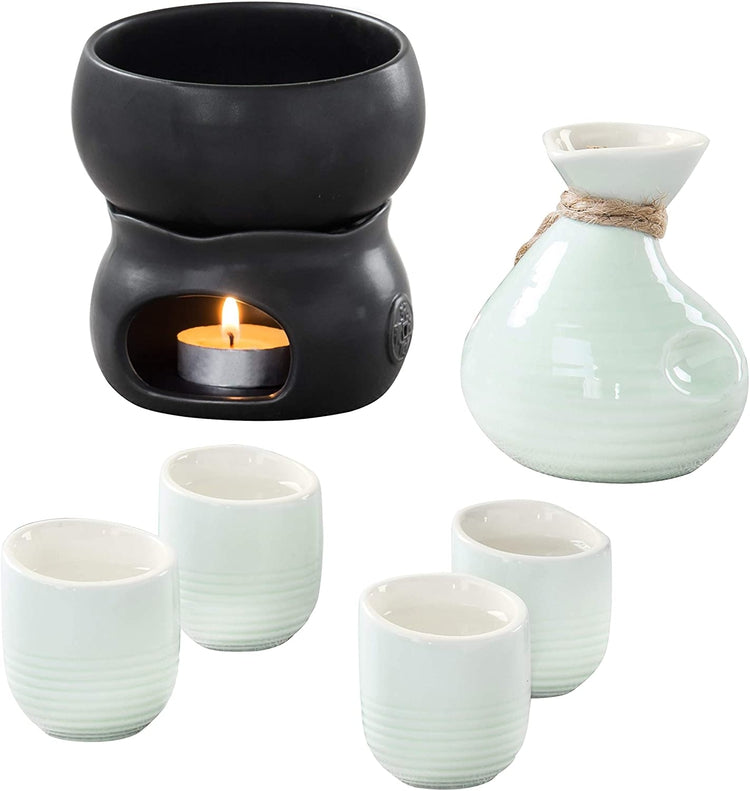 7-Piece Traditional Japanese Light Blue Ceramic Sake Set, Serving Carafe, 4 Cups, Warmer Bowl and Candle Heating Stove-MyGift