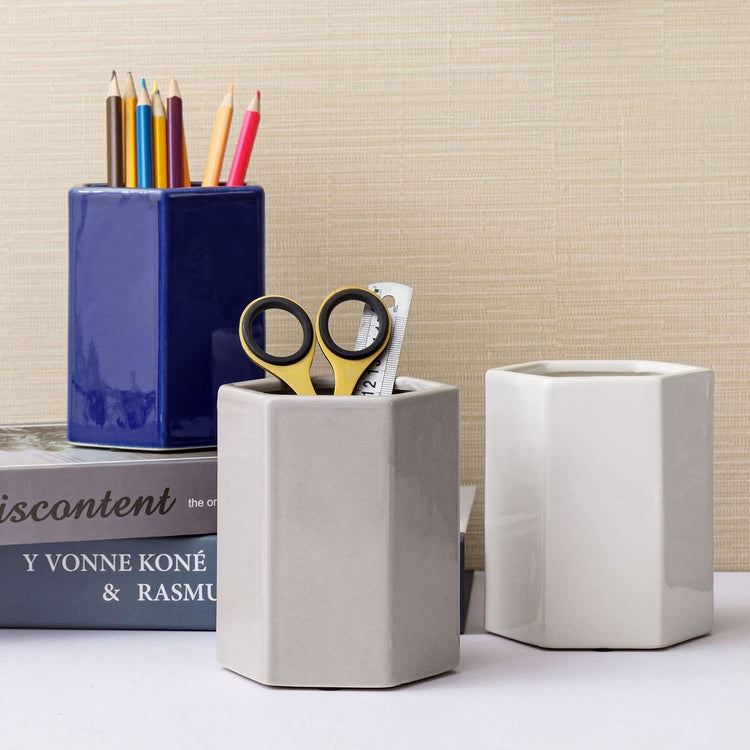Set of 3, Hexagonal Multi-Colored Ceramic Desktop Pencil, Stationery Holders (White, Gray, Blue)-MyGift