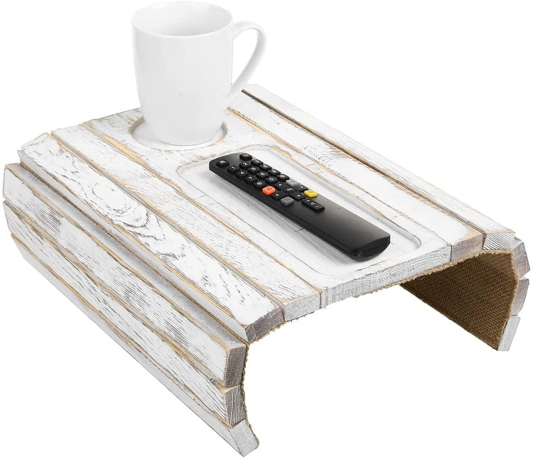 Whitewashed Wood Flexible Sofa Couch Arm Tray Table with Cup and TV Remote Control Grooves-MyGift
