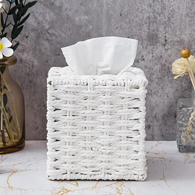 Tissues Holder with Open Bottom Design, Decorative White Square Tissue Box Cover-MyGift
