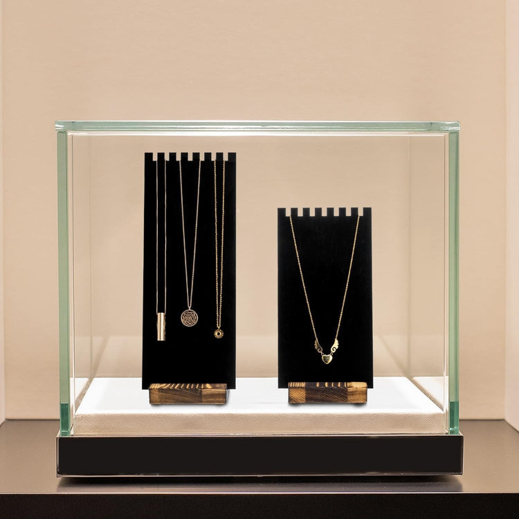 Black Acrylic Necklace Holder with Detachable Panel and Burnt Wood Base, Tabletop Jewelry Easel Stand Retail Display-MyGift